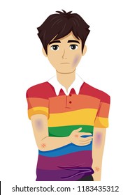 Illustration of a Teenage Guy Wearing Rainbow Colored Shirt with Bruises All Over Him from Bullying