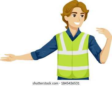 Illustration of a Teenage Guy Wearing Safety Vest and Working as Parking Attendant