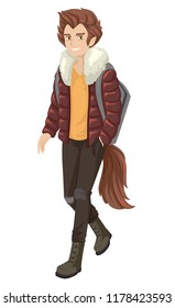 Illustration of a Teenage Guy Wearing Wolf Costume with Tail and Wig for Halloween Party