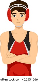 Illustration of a Teenage Guy Wrestler Wearing Head Gear and Smiling