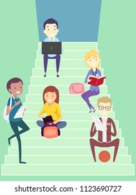 Illustration of Teenage Guys and Girls Sitting Down the Stairs Studying for School