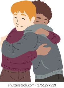 Illustration of Teenage Guys Hugging Each Other as a Greeting