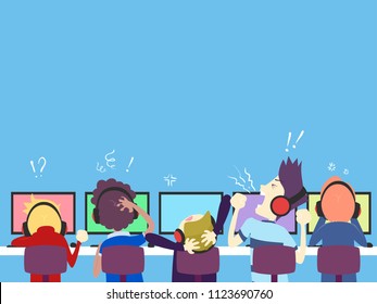 Illustration of Teenage Guys Playing Online Computer Games with Losing Expressions