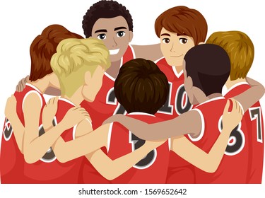 Illustration Of Teenage Guys Sports Team Basketball Club Wearing Red Jersey Gathered Together In A Huddle
