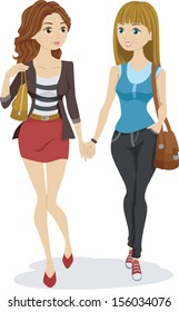 Illustration of a Teenage Lesbian Couple Holding Hands While Walking