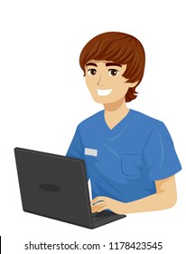 Illustration of a Teenage Medical Student Guy Wearing Scrub Suit and Using a Laptop