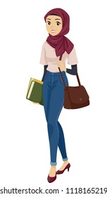 Illustration of a Teenage Muslim Girl Student Carrying a Bag and Books