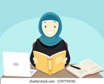 Illustration of a Teenage Muslim Girl Student Wearing Hijab, Reading a Book and Studying with Book and Laptop