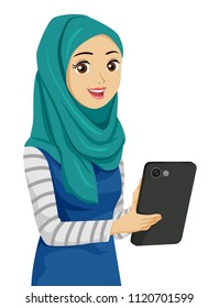 Illustration of a Teenage Muslim Girl Wearing a Hijab and Using a Computer Tablet