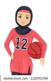 Illustration of a Teenage Muslim Girl Wearing Athletic Clothes and Holding Basketball