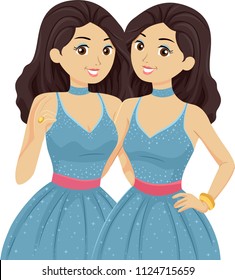 Illustration Of Teenage Twin Girls Wearing The Same Prom Dress