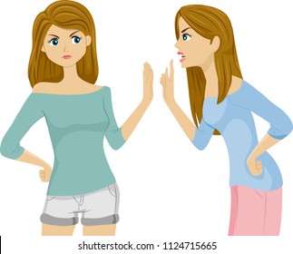 Illustration of Teenage Twin Sisters Arguing and Fighting with Each Other