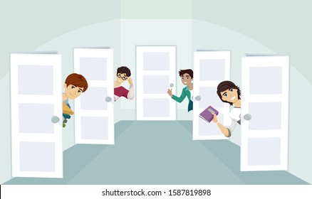 Illustration of Teenager Guy Students Peeking Out From Behind the Dorm Doors, Welcoming Visitors Some Holding Books