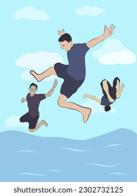 Illustration of a teenager jumping on the beach