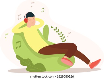 Illustration of a teenager listening a music while sitting on a chair in the morning