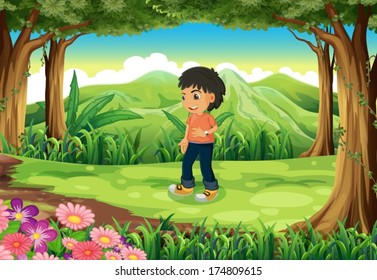 Illustration of a teenager in the middle of the forest