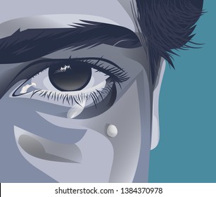 illustration of a teenager who was in tears, dissolved in sadness with black and white.