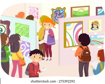 Illustration of Teenagers Checking Out Paintings in an Art Exhibit