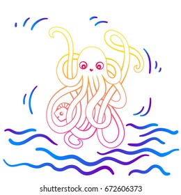 Illustration for teenagers and children. Octopus on a white background. Smile, positive. The colors of the rainbow.
