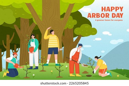 Ilustración de adolescentes plantando y regando juntos en las colinas cercanas al bosque. Adecuado para el Día de Arbor y el Día de la Tierra.