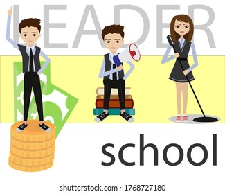 Illustration of teenagers in school uniform. Successful student leader in finance and study. A student who knows how to solve a problem. Thinking study, way out. Vector, cartoon, illustration. Sticker