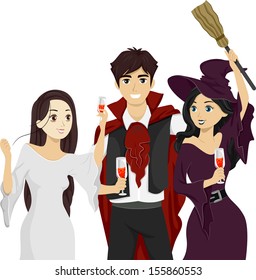 Illustration of Teenagers Wearing Halloween Costumes Drinking at a Party