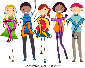 Illustration of Teens Carrying Letters that Spell the Word Party