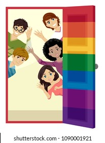 Illustration Of Teens Waving And Welcoming From Inside A Rainbow Colored Door