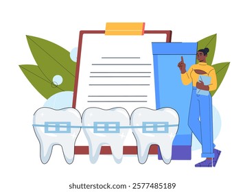 Illustration of teeth with braces, a clipboard, and a woman holding documents on a white background. Concept of orthodontic care and dental health. Vector illustration