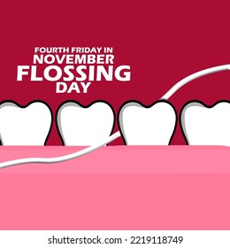 Illustration of teeth with gums and a string to clean between teeth to celebrate Flossing Day on Fourth Friday In November
