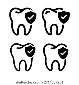 Ilustração de dentes com símbolos de escudo de segurança representando seguro dental e higiene oral para design médico.