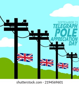 Illustration von Telegrafenstöcken mit britischen Flaggen und Bäumen an einem bewölkten sonnigen Tag mit kühnem Text zum Gedenken an den Tag des Telegrafen-Pole-Aufwertungstages am 21. September im Vereinigten Königreich