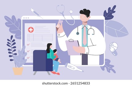 Illustration of telemedicine doctor visit medical exam on laptop computer