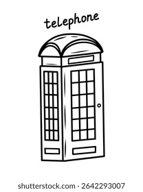 Uma ilustração de uma cabine telefônica em Londres. Preto e branco. Uma foto de um livro de colorir. Grã-Bretanha. Ilustração vetorial. Lettering, aprendendo palavras.