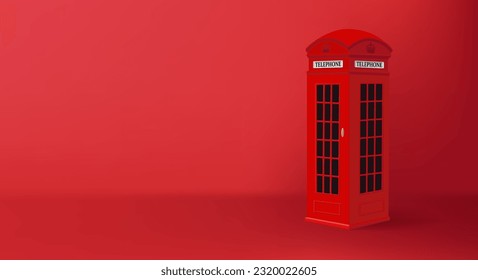 Illustration of a telephone box, 3d render classic booth, traditional turistic attraction in London, on red backdrop