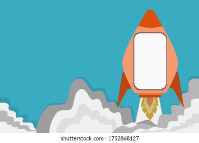 Illustration of a telephone in a rocket flying into the sky with smoke covering the ground below