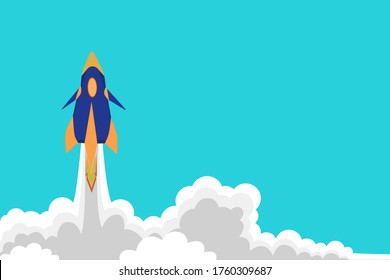 Illustration of a telephone in a rocket flying into the sky with smoke covering the ground below,business start up