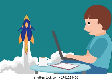 Illustration of a telephone in a rocket flying into the sky with smoke covering the ground below,business start up