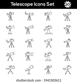 Ilustración del icono del telescopio establecido en el arte de la línea delgada.