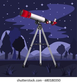 Illustration of a telescope in the night with a starry night background, silhouette of trees and grasses. 