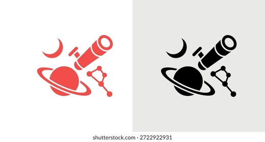 Ilustración de un telescopio observando un planeta, luna y anillos en un estilo simple.