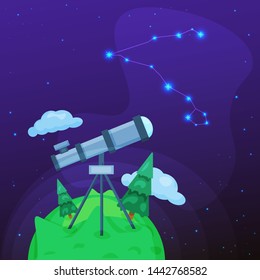illustration telescope watching violet space constellation green earth trees and clouds