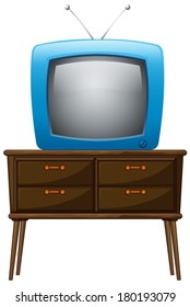 Illustration of a television above the wooden table on a white background