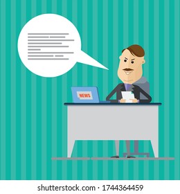 Illustration of Television news announcer giving breaking news. TV studio background