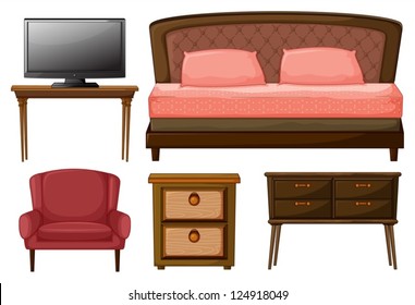 Illustration of a television on a table, twin bed, chair, side table and a work table on white background.