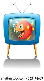Illustration of a television show with a big orange piranha on a white background