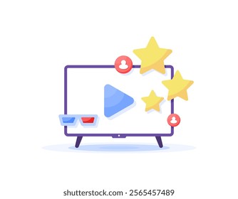 illustration of television with star symbol and cinema glasses. best movie streaming service concept. home cinema. video streaming service subscription. flat style design. elements