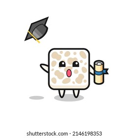 Illustration of tempeh cartoon throwing the hat at graduation , cute design