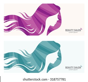 Illustration of template banner or business card stylized long-haired woman in profile for beauty salon/Banner or business card stylized woman profile for beauty salon/Illustration Beauty salon banner