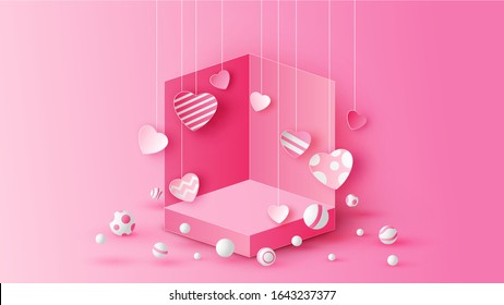 Illustration of template box design for Valentine’s day decorated with various pattern hearts hanging down, balls bounce around and free space. paper cut and craft style. vector, illustration.